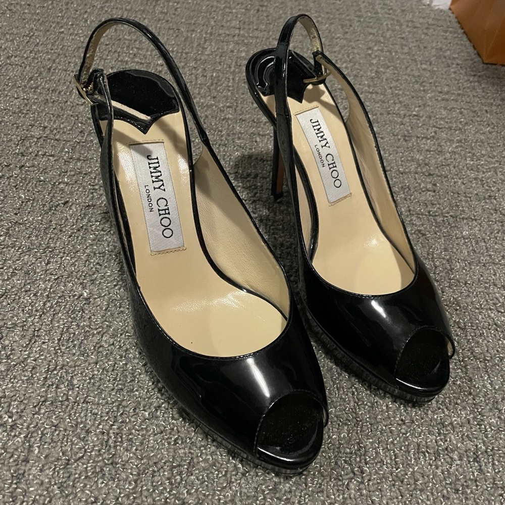 Jimmy Choo Black Patent Peep Toe Slingback Heels